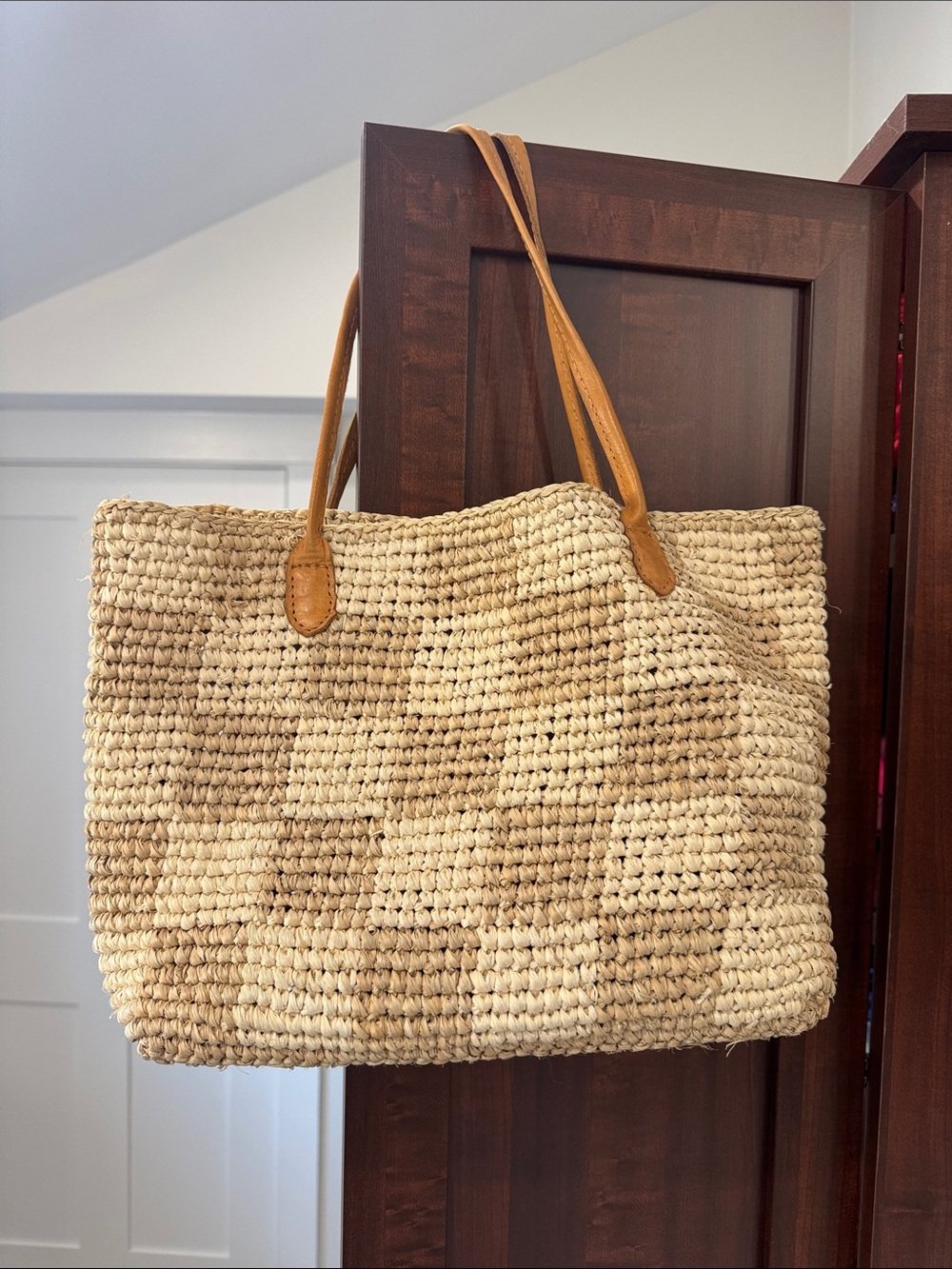 Woven Checked Straw Tote with Tan Leather Handles